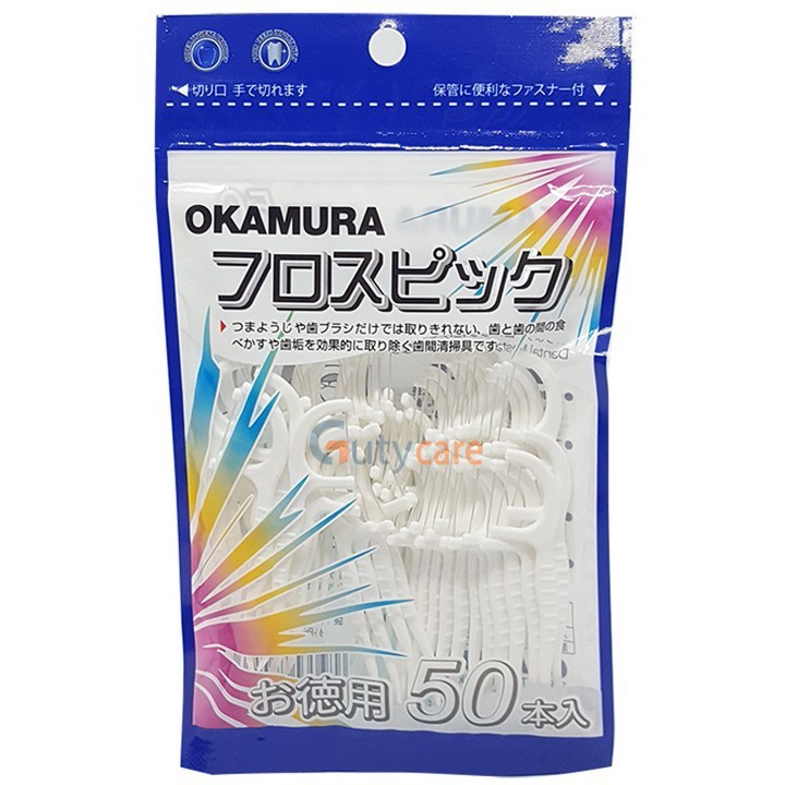 Tăm chỉ nha khoa Okamura (túi 50 chiếc), loại bỏ mảng bám thức ăn, ngăn ngừa sâu răng
