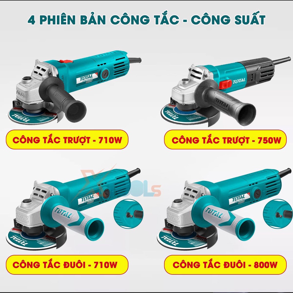 Máy mài cầm tay 710W - 800W Total máy mài góc đường kính đĩa 100mm, công tắc đuôi hoặc trượt, trục chính M10, điện 220V
