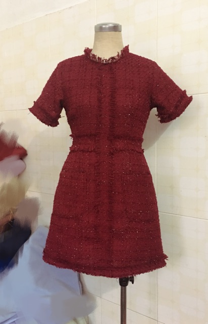 [gom order]Váy dạ tweed kim tuyến đỏ đô có lót