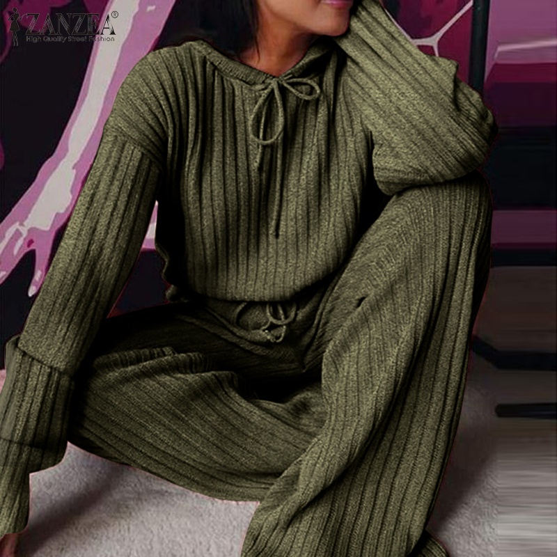 Set áo hoodie ZANZEA dài tay có mũ trùm đầu và quần phối dây rút lưng cao màu sắc đơn giản phong cách thể thao cho nữ