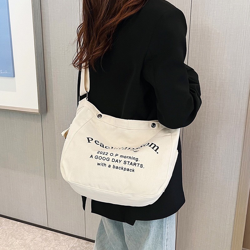 Túi đeo vai Hazin sức chứa lớn chất vải canvas cao cấp túi đeo chéo Morning phong cách retro Hàn Quốc dành cho học sinh