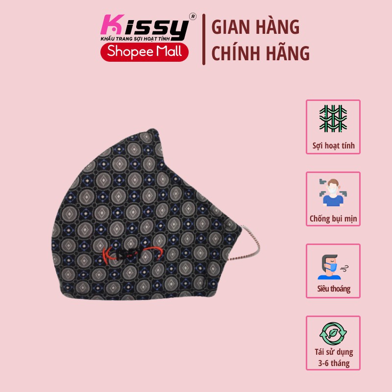 Khẩu Trang Vải 3 Lớp Kissy Người Lớn Size L Họa Tiết Kẻ Tròn Đen Xanh Chống Nắng Và Chống Bụi Mịn Hiệu Quả