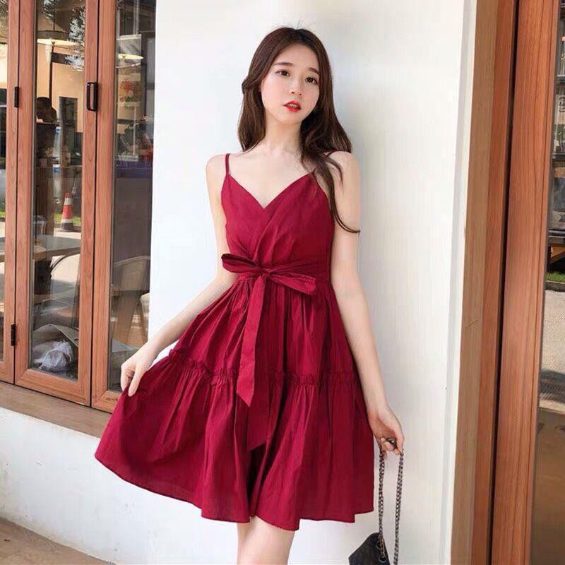 [Siêu hot] 13D16B1 Đầm babydol 2 dây cổ V cột nơ eo dịu dàng nữ tính, vải kate đẹp [Siêu hot]