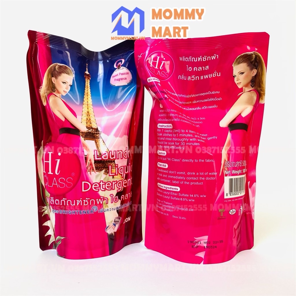 Combo 2 túi nước giặt xả HICLASS Thái lan 500ml siêu thơm dùng cho cả giặt tay và giặt máy Mommy Mart