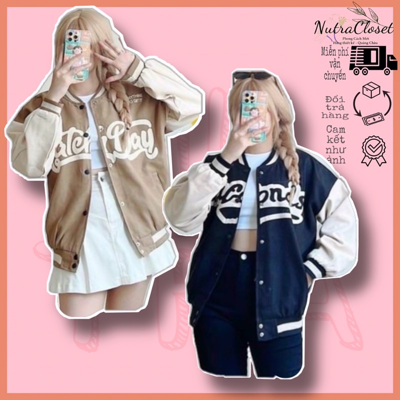 Áo khoác bóng chày bomber kaki da lộn 2 lớp in unifonds unisex ulzzang nam nữ
