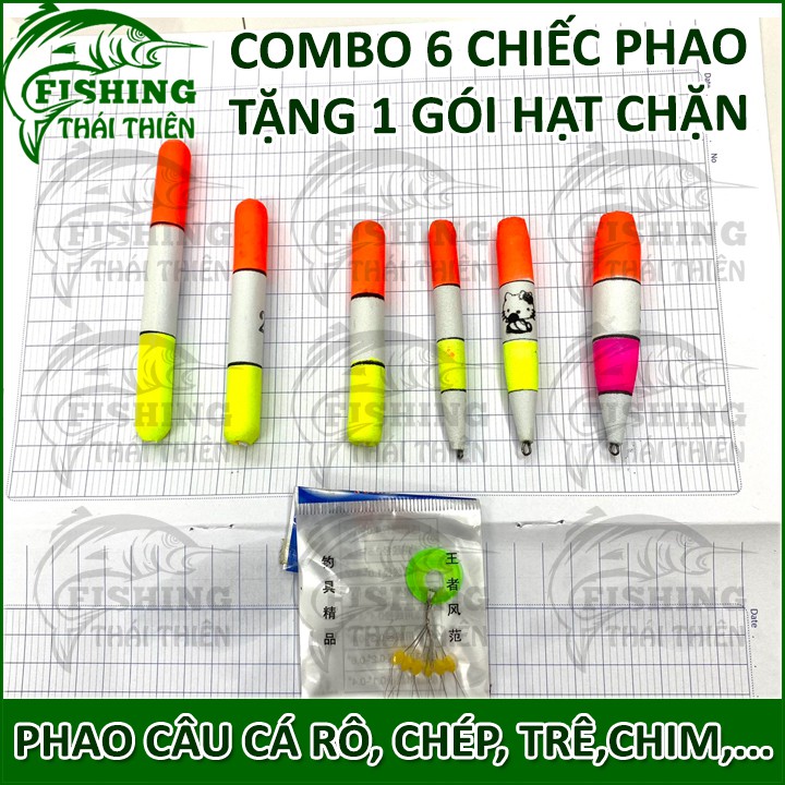 Combo 6 phao câu cá bằng mút tặng kèm 1 gói hạt chặn dùng câu cá rô, cá chép, cá trê,...