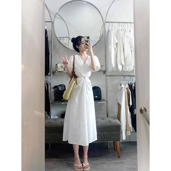 Váy maxi tay bồng khoét eo dáng dài