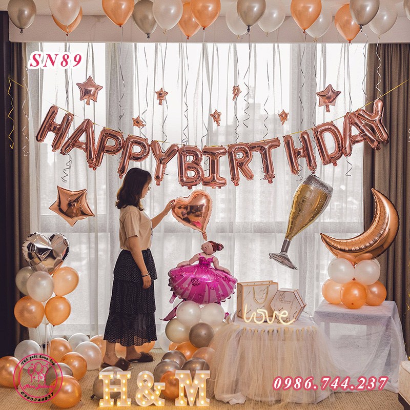 Set Bóng Bay Trang Trí Sinh Nhật Happy Birthday Màu Rose Gold