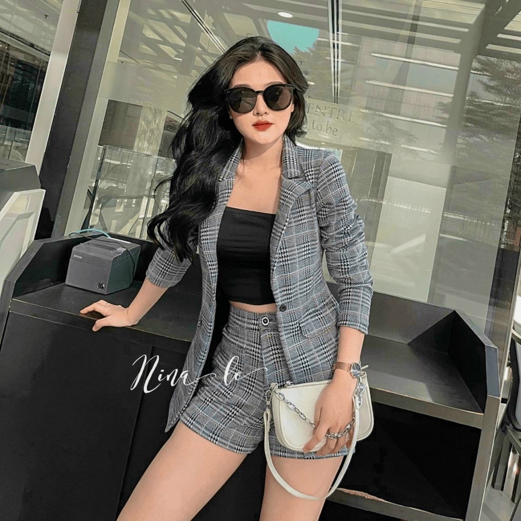 SET ÁO BLAZER / ÁO TOP/ QUẦN ĐÙI, PHỐI HOẠ TIẾT CARO THANH LỊCH/ SANG TRỌNG, CONCEPT ĐI LÀM/ ĐI CHƠI UP SHOP HHP