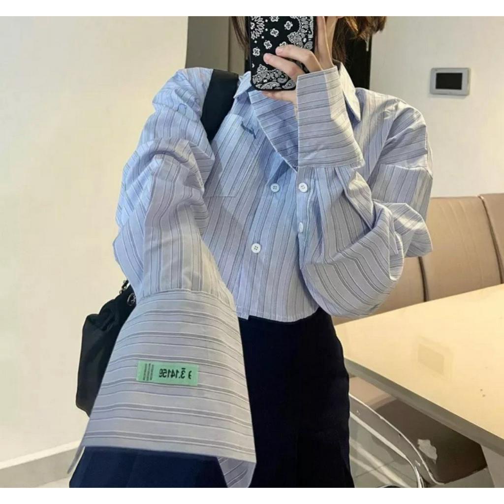 Áo sơmi crtop vạt tôm kẻ xanh MUỐI Somikecroptop3042 P0/K7