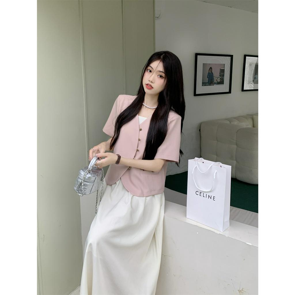 「 WELOVE1 」Bộ Áo Khoác Vest Ngắn Tay + Đầm Yếm Thời Trang Nữ Tính Cỡ Nhỏ
