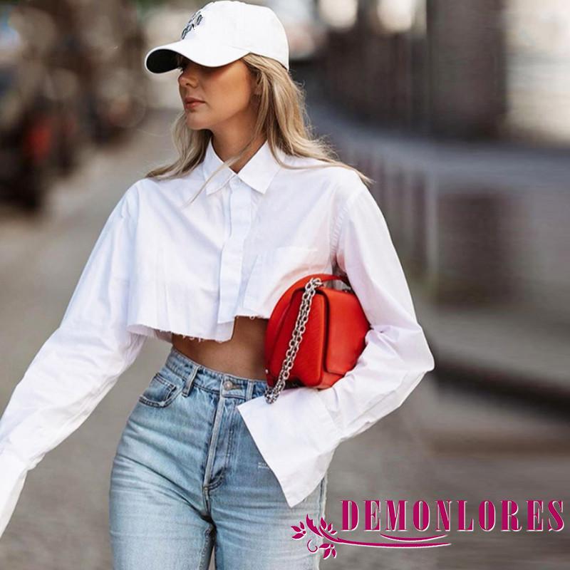 Áo sơ mi croptop hở rốn cổ bẻ thiết kế bất đối xứng màu trơn thời trang mùa xuân dành cho nữ