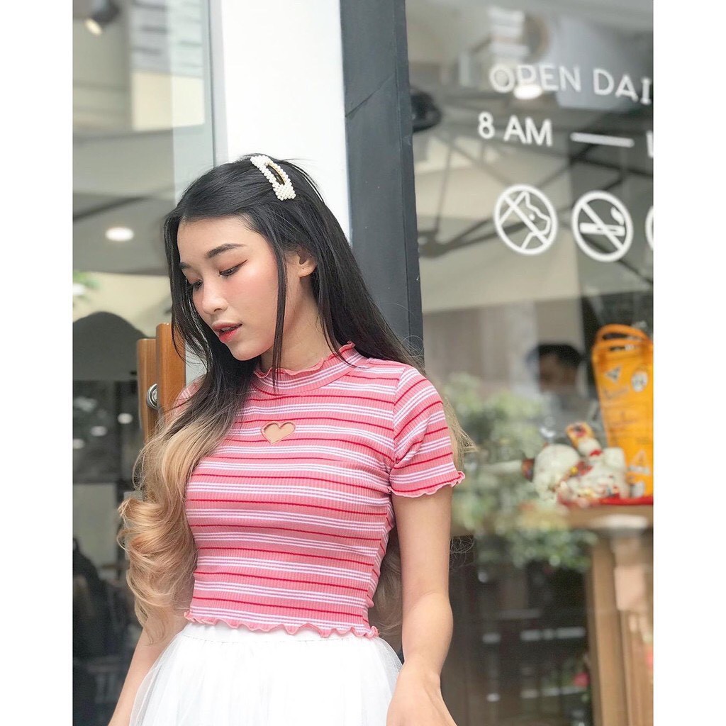 siêu phẩm các màu áo sọc màu cut out tim viền biên siêu cute