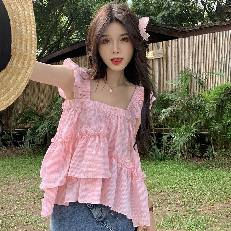 Áo Tank Top Không Tay Họa Tiết Sọc Caro Ngọt Ngào Thời Trang Mùa Hè Cho Nữ