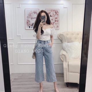 Quần suông jeans ống rộng cạp chéo