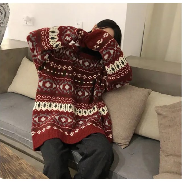 🎄Merry Christmas🎄 Áo sweater dáng rộng họa tiết màu đỏ ấm áp dễ thương cho nữ | BigBuy360 - bigbuy360.vn