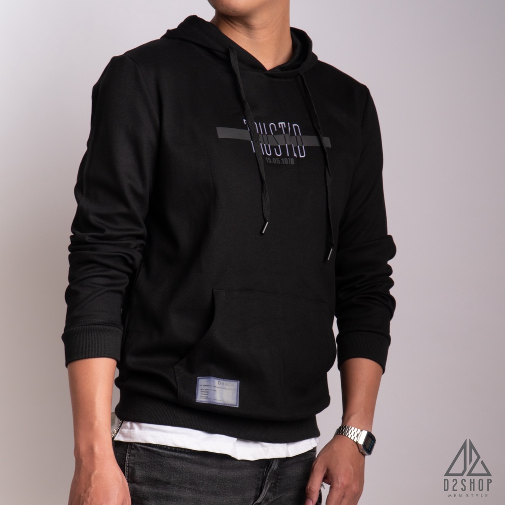 Áo hoodie nam D2shop màu đen, thêu chữ TRUSTED