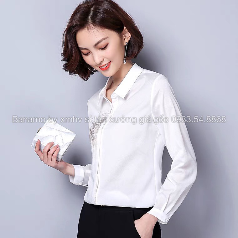 Áo sơ mi lụa nữ dài tay họa tiết sành điệu cá tính trẻ trung phong cách hàn quốc thời trang Banamo Fashion 375