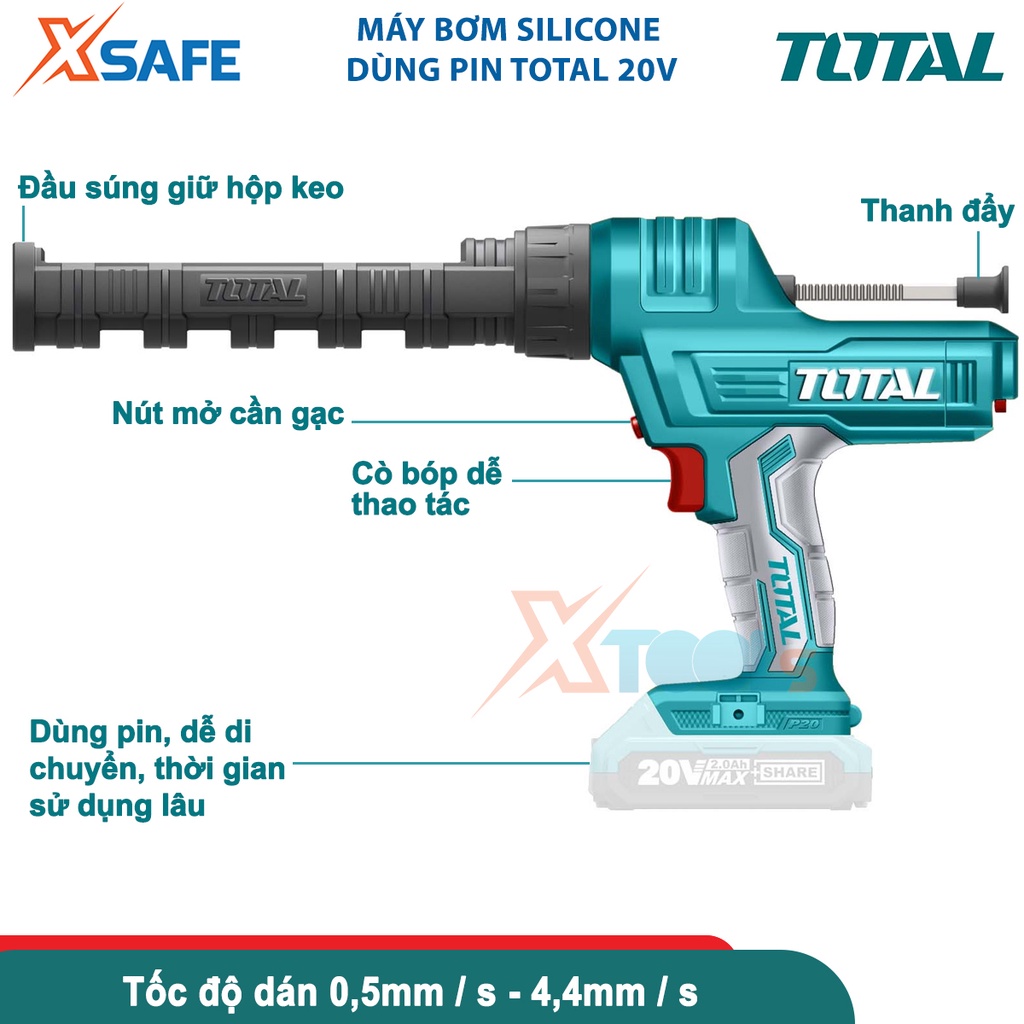 Máy bơm silicon TOTAL TCGLI2001, dụng cụ bơm keo dùng pin 20V  lực đẩy 2000N, tốc độ dán 0,5mm/s-4,4mm/s - CHÍNH HÃNG