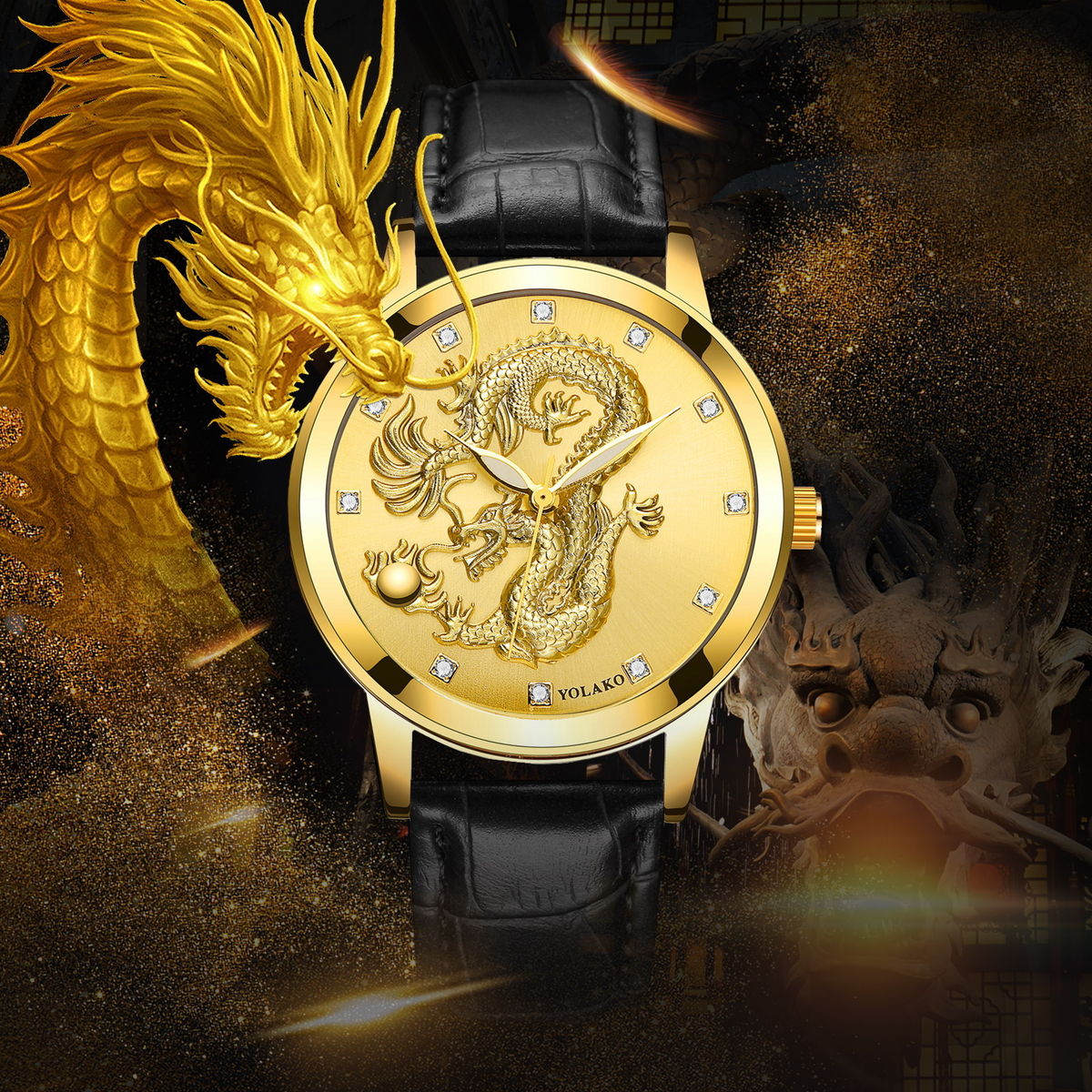 Creative Dragon Rhinestone Men Business Watch Casual Leather Strap Male Quartz Watches