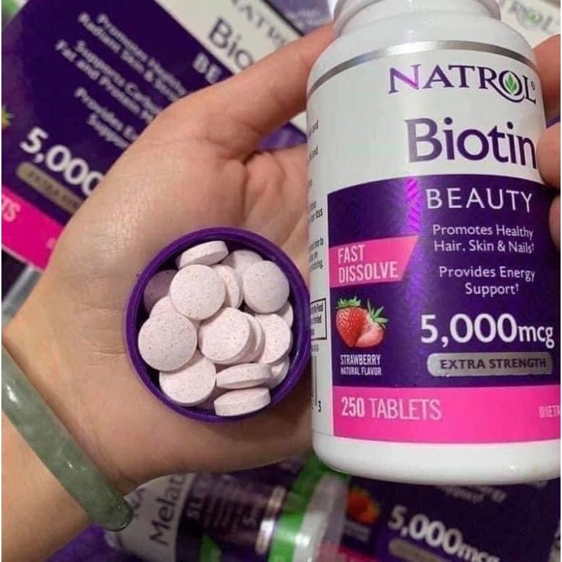 VIÊN NGẬM MỌC TÓC- MÓNG KHỎE - ĐẸP DA NATROL BIOTIN BEAUTY 5000 MCG  Vị dâu