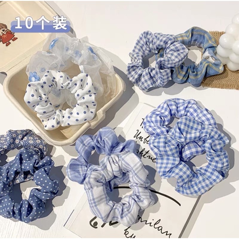 Dây buộc tóc, cột tóc vải scrunchies phong cách vintage hoạ tiết xanh dương