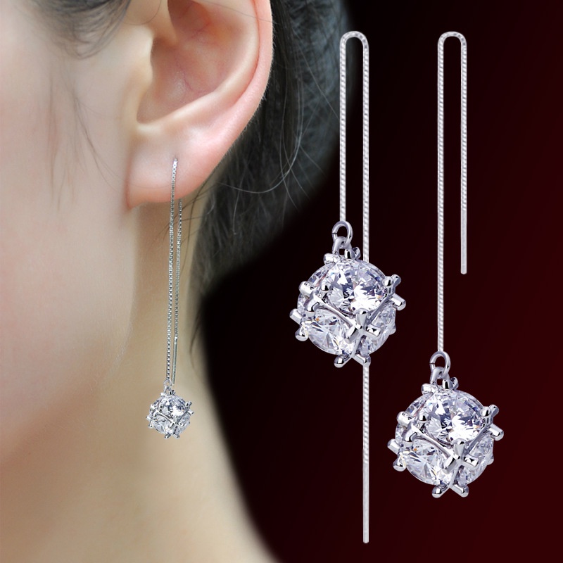 Bông Tai Bạc 925 Dáng Dài Hình Khối Lập Phương Đính Đá Zircon Phối Dây Xích Phong Cách Hàn Quốc Thời Trang Cho Nữ-S1