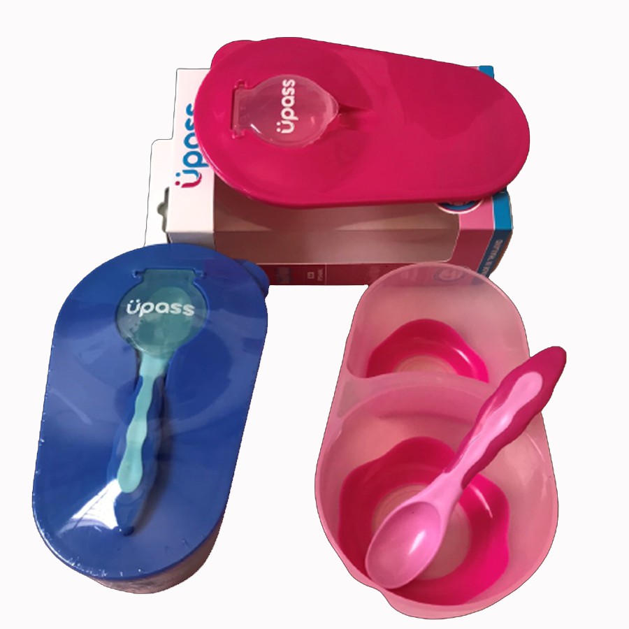 Bát Ăn Dặm 2 Ngăn Chống Trượt UPASS Thiết Kế Kèm Thìa, Nắp Đậy Tiện Lợi, Chất Liệu Nhựa An Toàn Cho Bé UP5046N