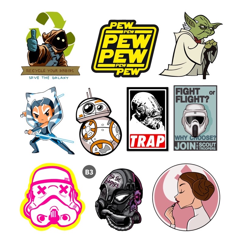 Bộ 10 Sticker dán cao cấp chủ đề STAR WARS - Dùng dán Xe, dán mũ bảo hiểm, dán Laptop, dán Vali NT41
