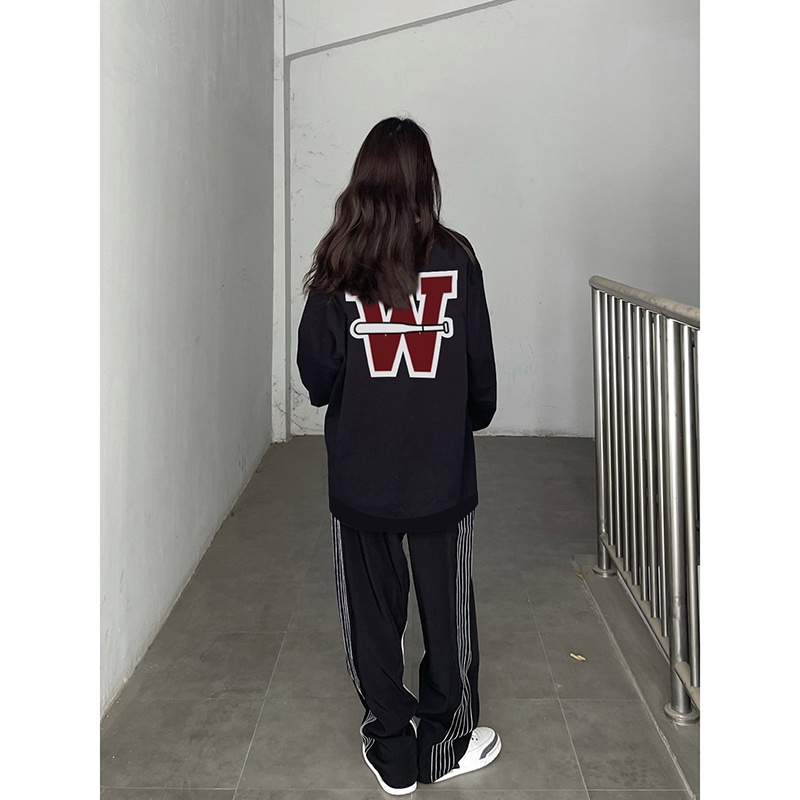 SELVZE Áo sweater tay dài dáng rộng phong cách retro Mỹ thời trang