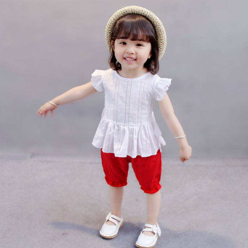 Set áo thun tay ngắn cổ tròn + quần đùi xinh xắn dành cho bé gái