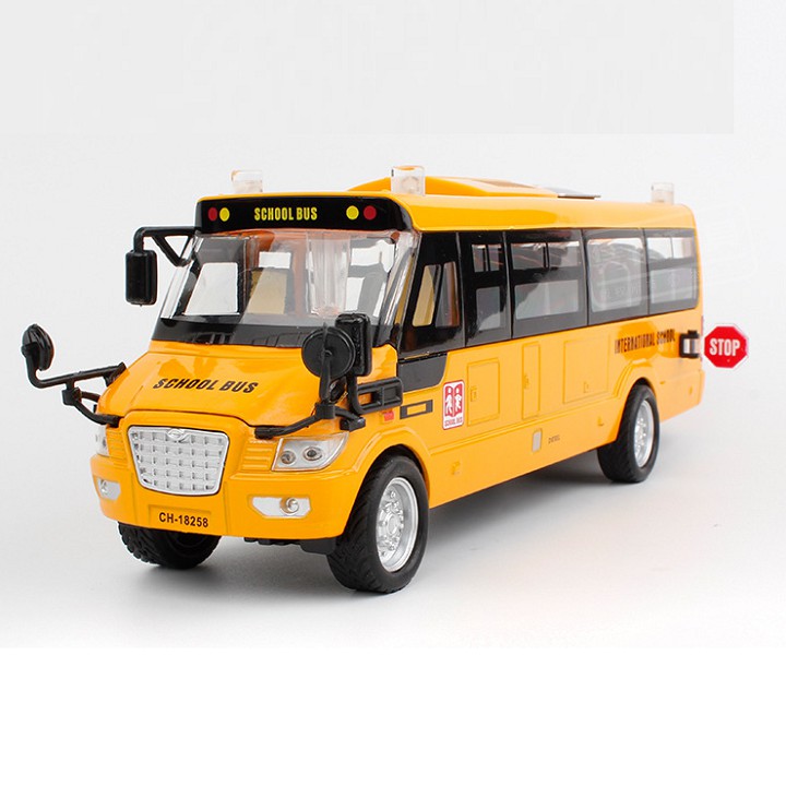 Mô hình xe ô tô School bus đồ chơi trẻ em có âm thanh và đèn sáng xe bằng sắt chạy cót