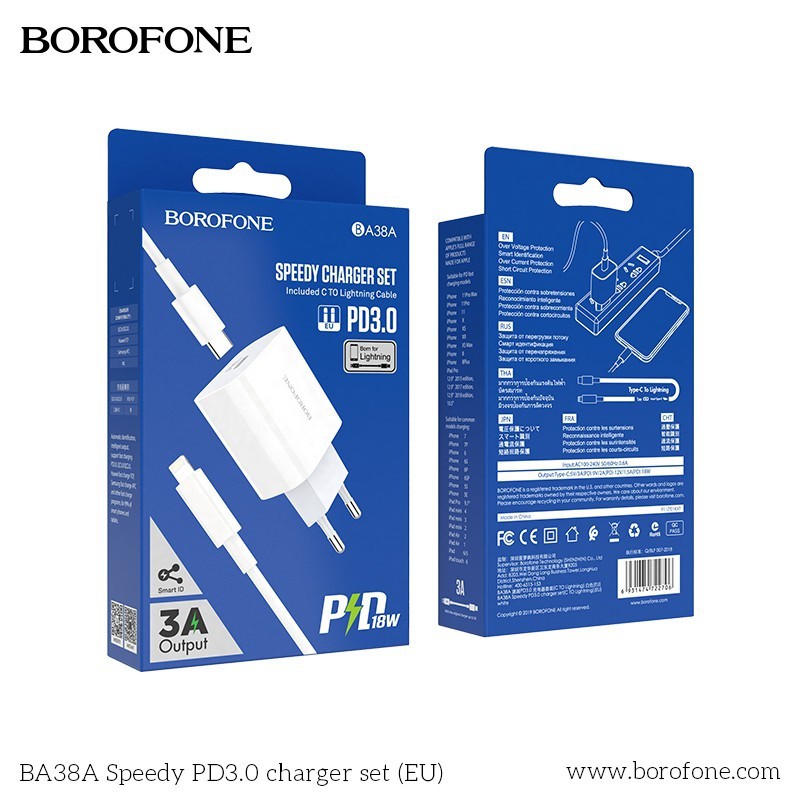 Bộ Sạc Nhanh Borofone BA38A PD3.0 18W  - Kèm dây Type-C to Lightning chuẩn EU - Hỗ Trợ Sạc Nhanh Iphone 12 Pro Max