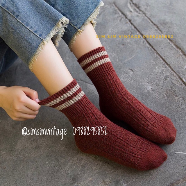 Tất len Vintage sọc cao cổ Vintage