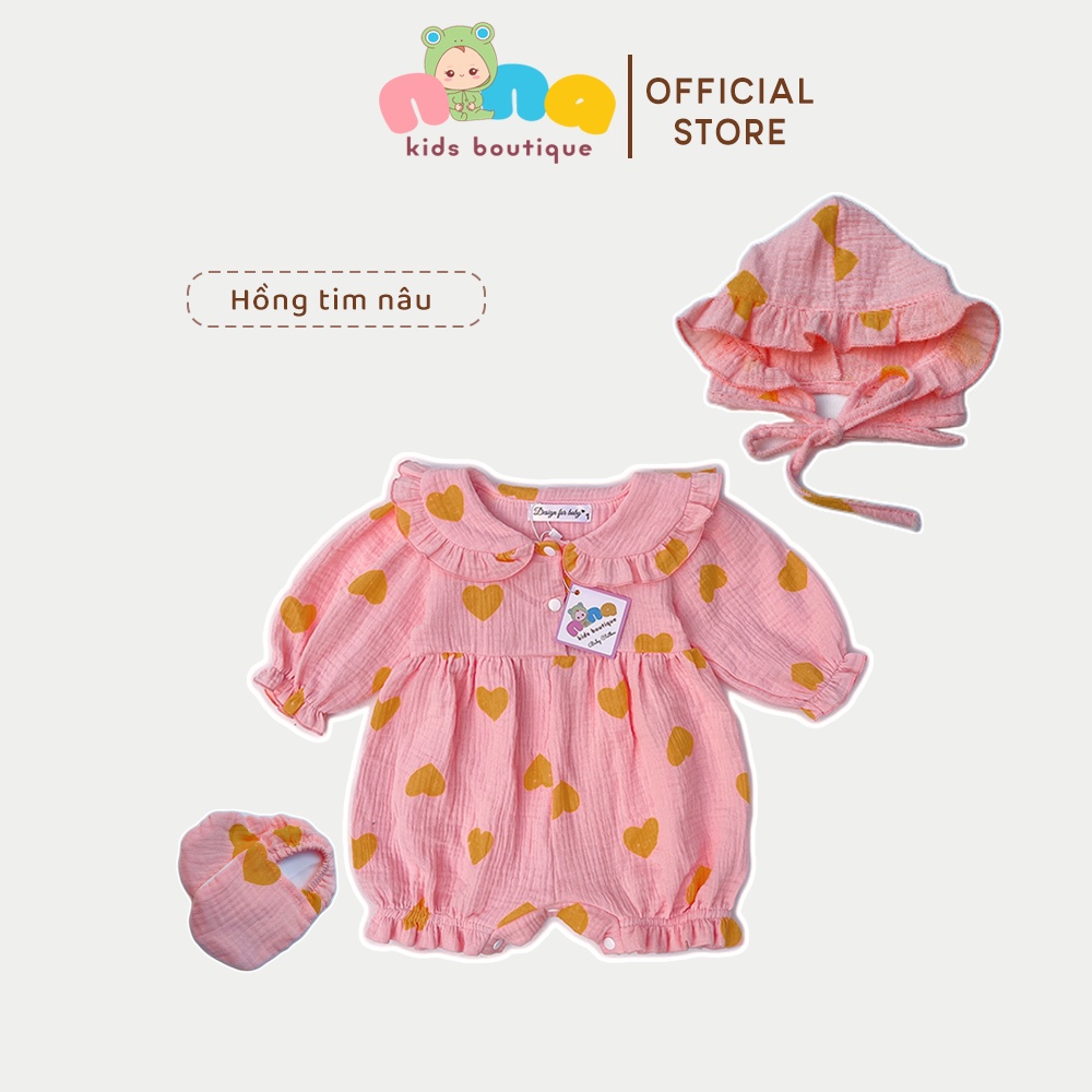 Bộ áo liền quần cho bé sơ sinh Nina Kids Boutique Body đùi bé gái dài tay Size 0m 24m Chất xô muslin - màu hồng tim vàng