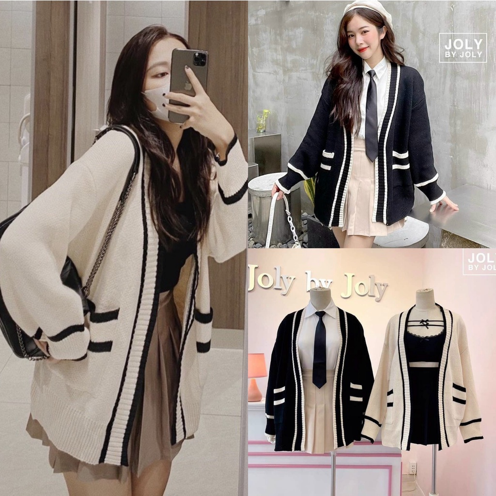 Áo khoác cardigan len kẻ viền hàng Quảng Châu, áo khoác cardigan không nút