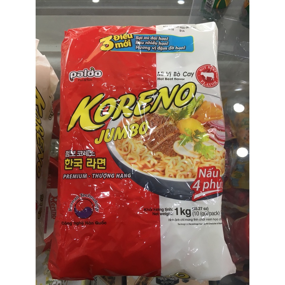 Mì cân Koreno jumbo vị gà, bò cay, kim chi (10 gói*100g) - Date luôn mới | BigBuy360 - bigbuy360.vn