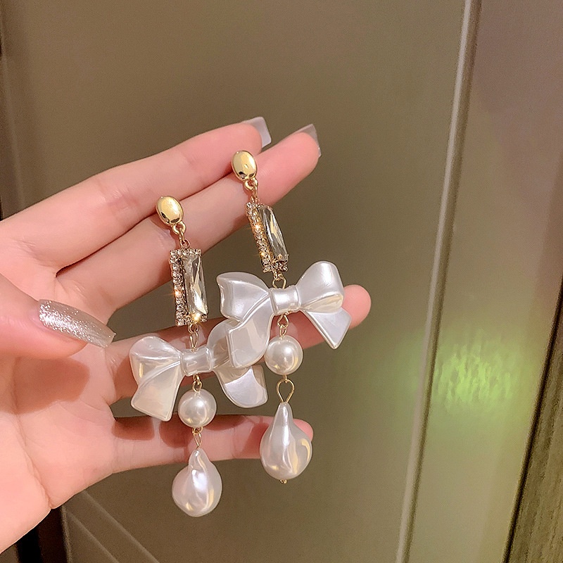 Bông Tai Mạ Bạc 925 Hình Nơ Đính Kim Cương Giả Phong Cách Hàn Quốc