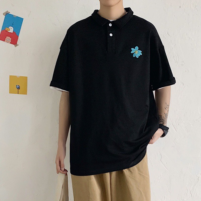 Áo thun polo nam nữ unisex tay lỡ HOA CÚC oversize 2 màu trắng đen cotton dáng xuông | BigBuy360 - bigbuy360.vn