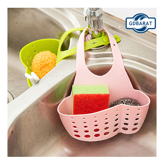 Giỏ đựng miếng xốp rửa chén có hai ngăn đục lỗ thoát nước giúp sắp xếp gọn gàng cho bồn rửa chén