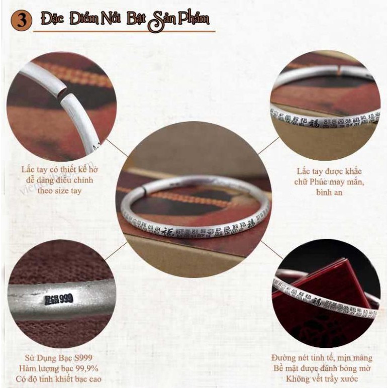Vòng tay bạc Bách niên vạn phúc khắc kinh chất liệu bạc Thái 925 thời trang phụ kiện trang sức nữ Viễn Chí bảo L100122