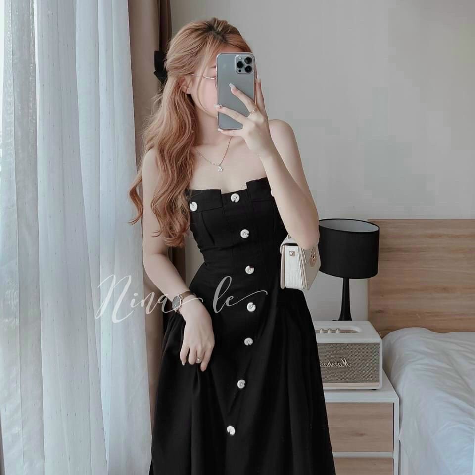 [FREE SHIP] ĐẦM HAI DÂY CHẤT FORD CÓ MÚT NGỰC PHỐI DỌC NÚT TÔN DÁNG CHO CÁC CHỊ EM