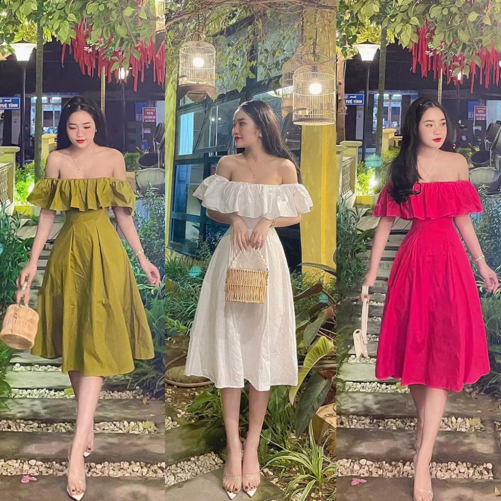 Váy trễ vai nữ dáng xoè siêu hot_Váy nữ babydoll bo eo tôn dáng