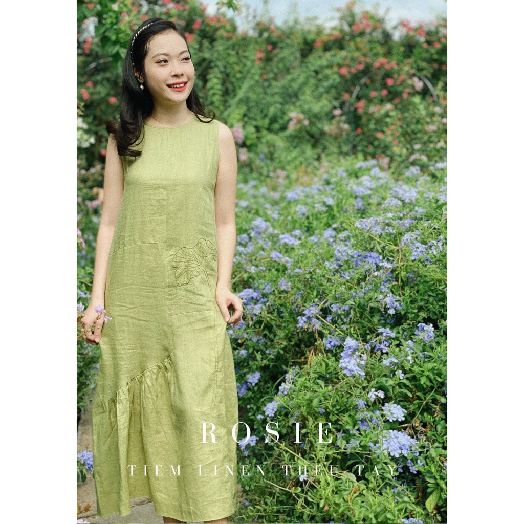 (LOTUS) VÁY ĐẦM LINEN TƯNG SUÔNG THÊU TAY HỌA TIẾT LÁ SEN