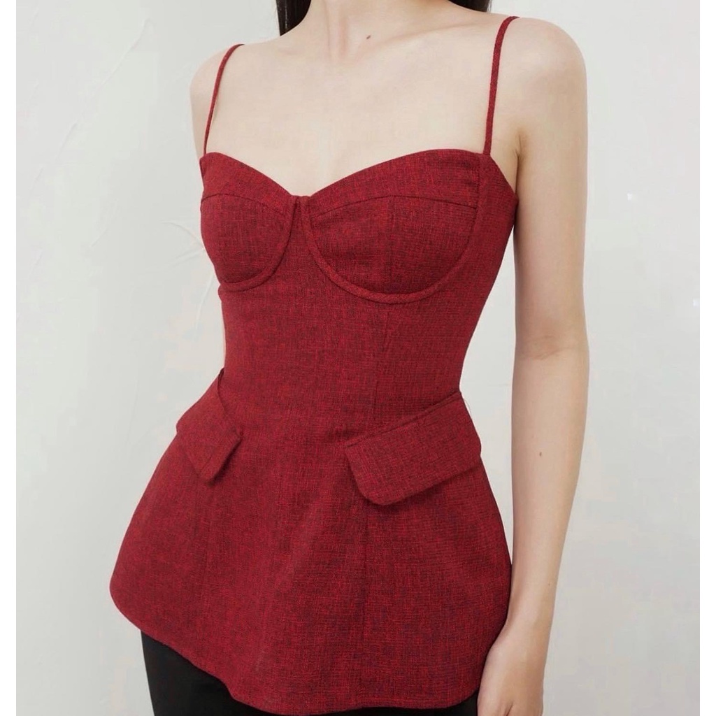 Áo đỏ hai dây velvet đệm ngưc có túi hai bên ôm đường cong sang chảnh màu đỏ - LUXURY