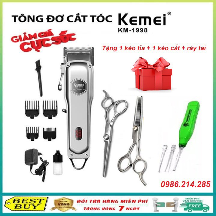 [HCM-Now Ship]Tông Đơ Cắt Tóc Cao Cấp Cho Nam - Tông Đơ Kemei KM 1998 - Màu Bạc Cao Cấp - Chính Hãng Bảo Hành 12 Tháng