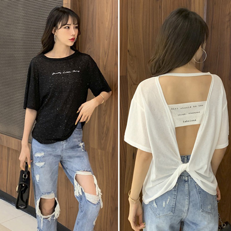 Áo thun tay ngắn dáng rộng hoạ tiết chữ in thiết kế hở lưng quyến rũ cho phái nữ