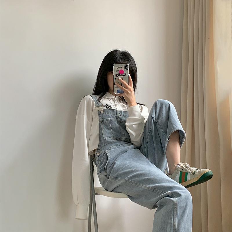 Small cute Japanese denim overalls thin student light blue autumn Korean loose straight trousers | BigBuy360 - bigbuy360.vn