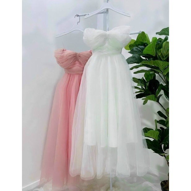 Đầm xoè công chúa trễ vai lưới kim sa