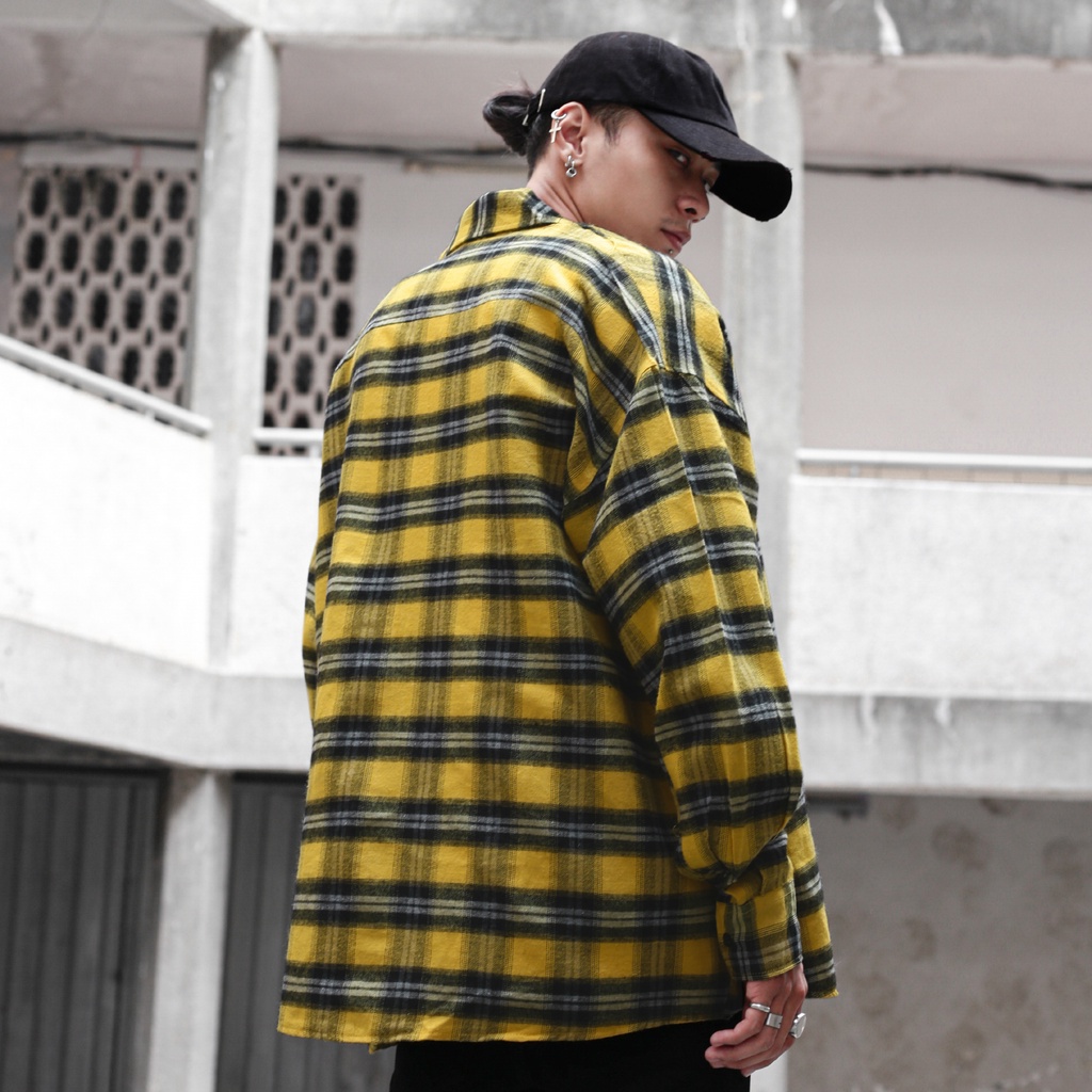 Áo Sơ Mi Flannel Màu Vàng Sọc Đen Form Rộng Thoải Mái Chất Liệu Cotton Thoáng Mát